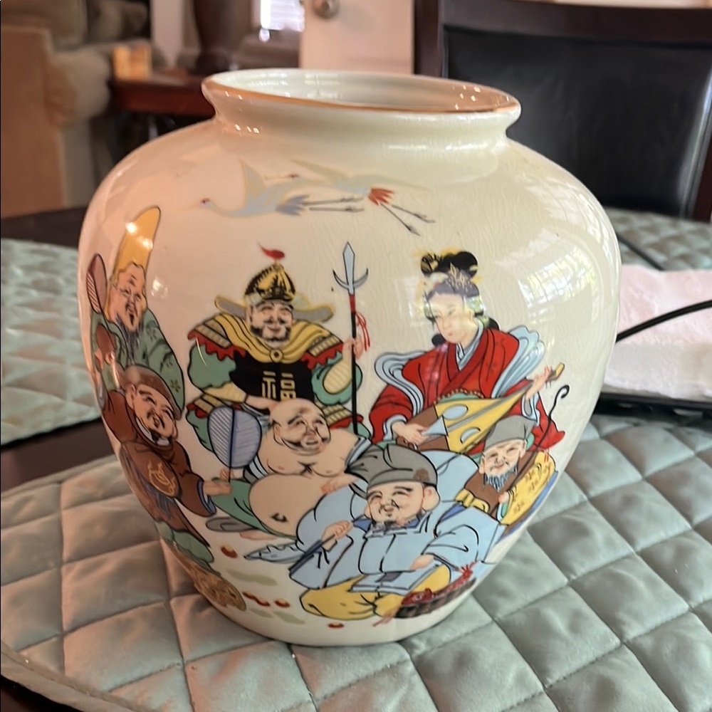 Decorative Cream Vase with Colorful Illustrations